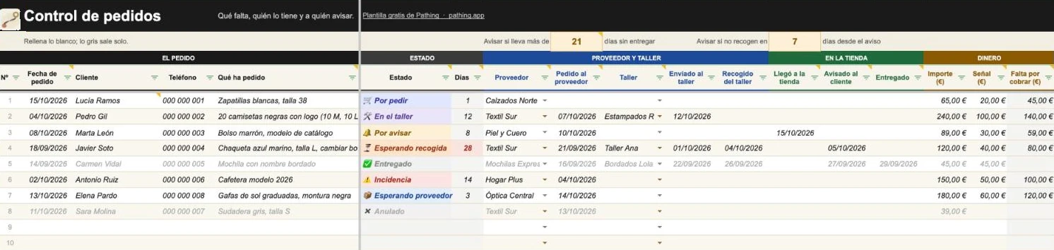 Plantilla de control de pedidos: cada pedido con su estado en color, del proveedor a la entrega